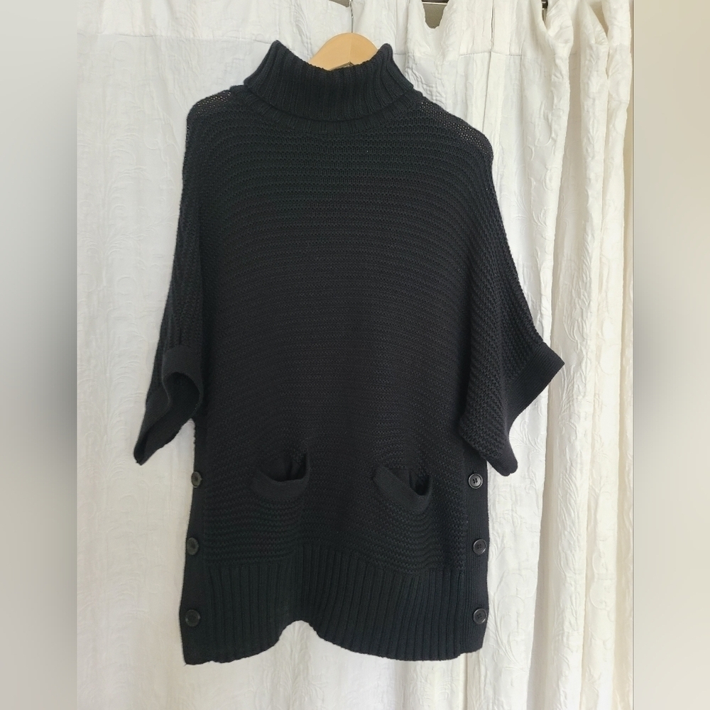 J.Crew Black Chunky Knit Turtleneck Poncho Sweater Size S Merino Wool